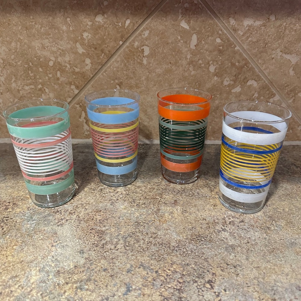Vintage Juice Glasses Set of 4 Multi Color Striped Mid Century Modern Retro 5"